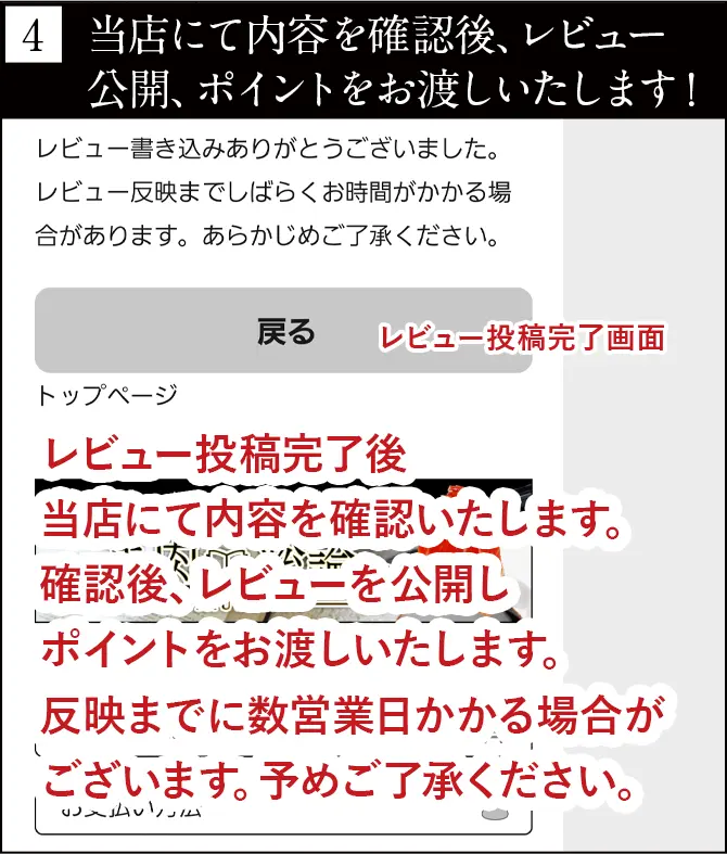 当店にて内容を確認後、レビュー反映、ポイントをお渡しいたします！