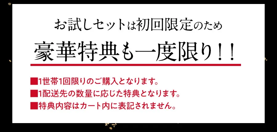 お試しセットは初回限定のため、豪華特典も一度限り！！