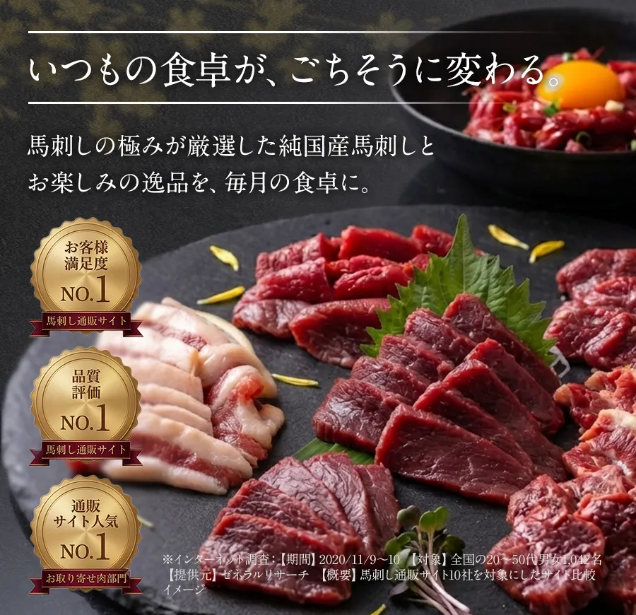 いつもの食卓が、ごちそうに変わる。馬刺しの極みが厳選した純国産馬刺しとお楽しみの逸品を、毎月の食卓に。