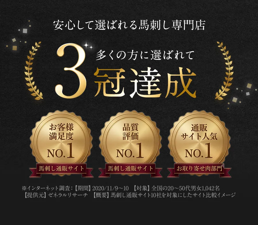 安心して選ばれる馬刺し専門店。馬刺しの極みはお客様満足度、品質評価、通販サイト人気で3冠達成